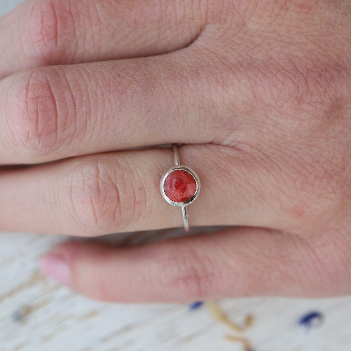 RNG Round Compressed Red Coral Silver Ring