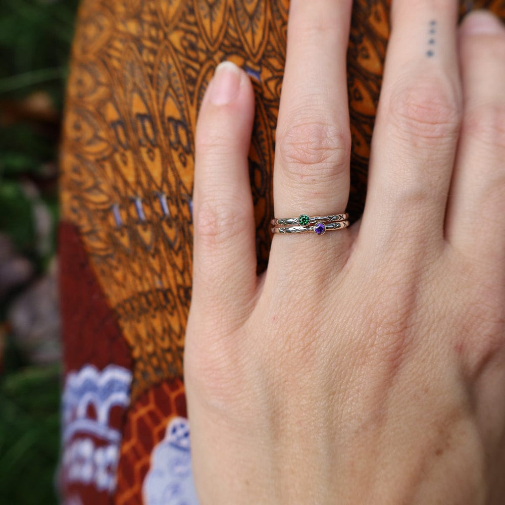 
                      
                        RNG Sterling Etched Stacking Ring with Amethyst
                      
                    