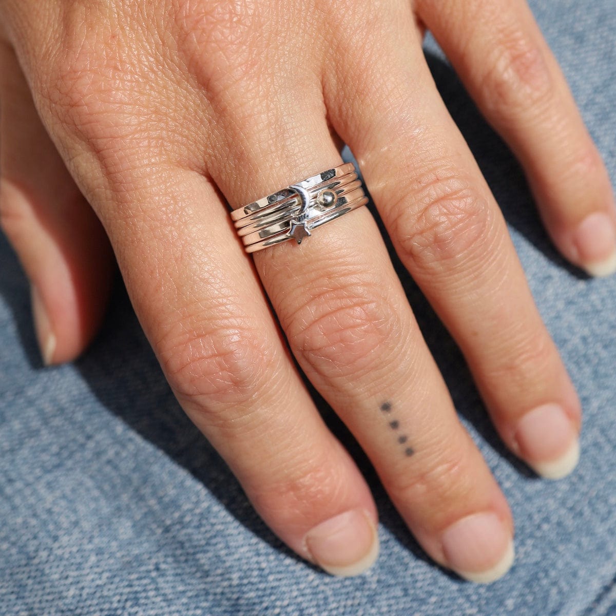 RNG Sterling Silver 5 Band Stacking Ring with Star, Moon & Ball