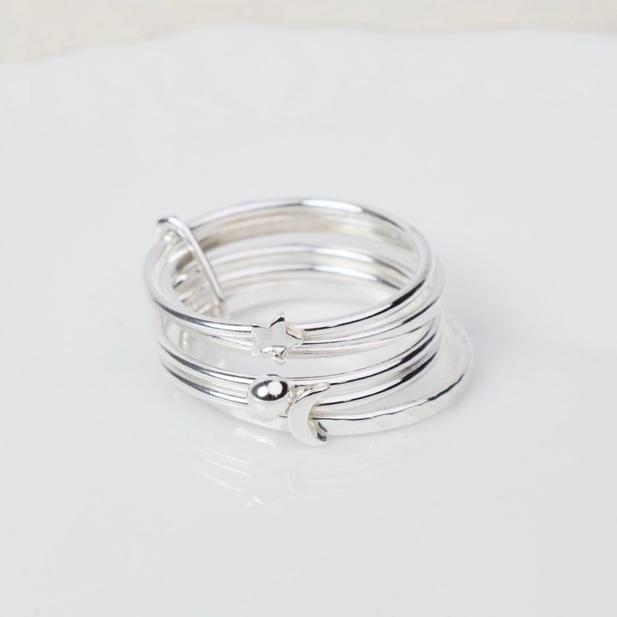 RNG Sterling Silver 5 Band Stacking Ring with Star, Moon & Ball
