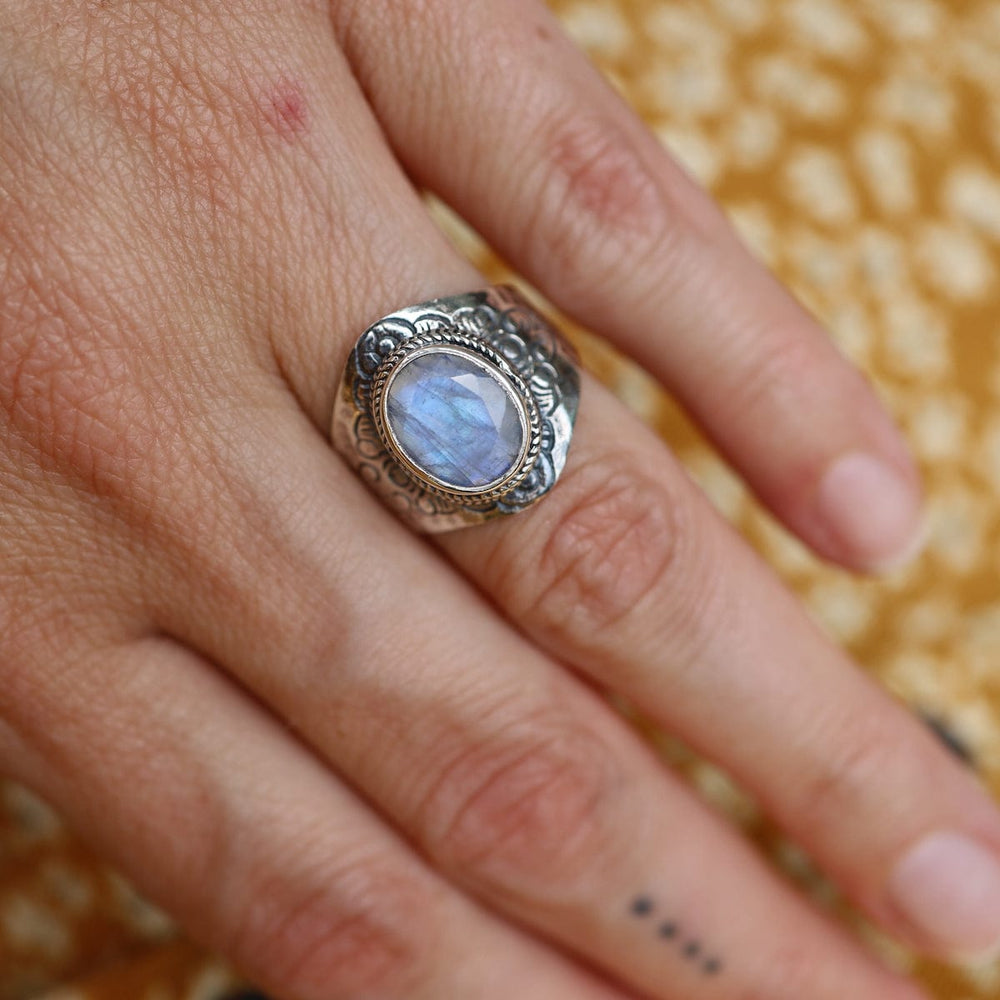 RNG Sterling Silver Faceted Rainbow Moonstone Shield Ring