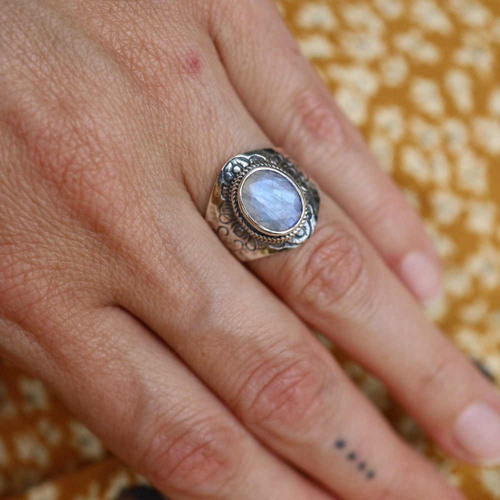 
                  
                    RNG Sterling Silver Faceted Rainbow Moonstone Shield Ring
                  
                