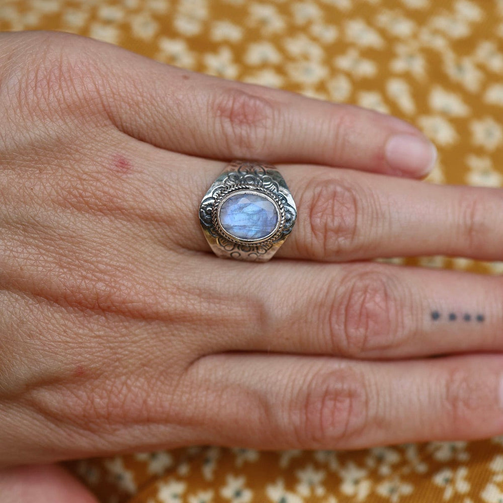 
                  
                    RNG Sterling Silver Faceted Rainbow Moonstone Shield Ring
                  
                