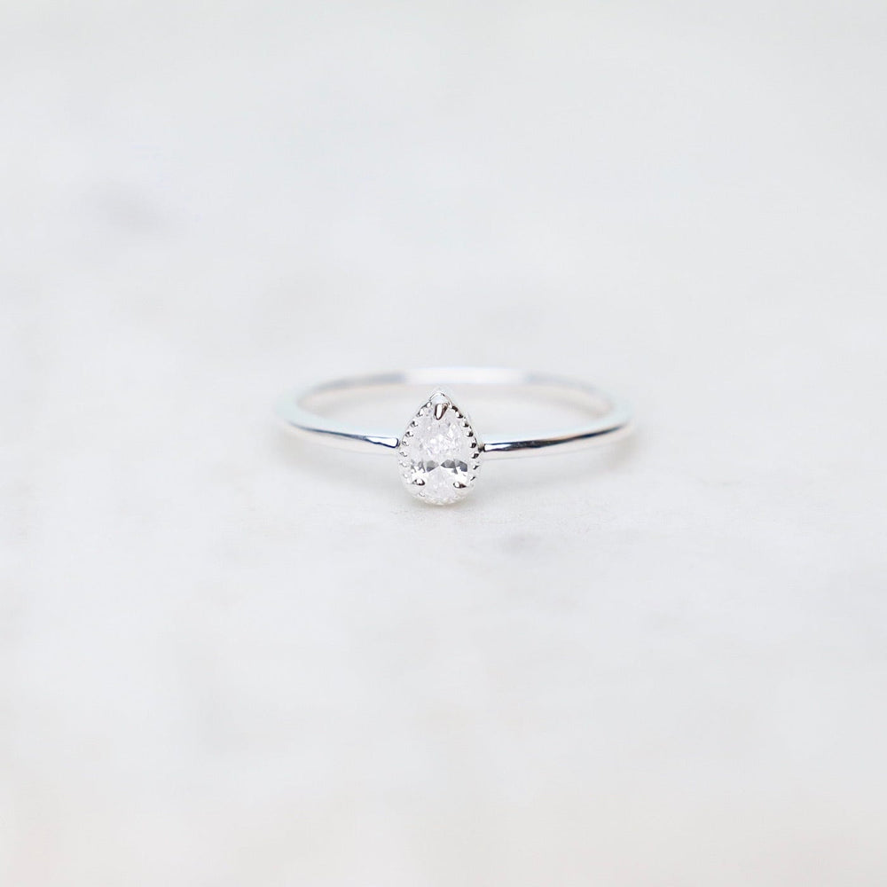 RNG Sterling Silver Pear Cut CZ Milgrain Edge Ring