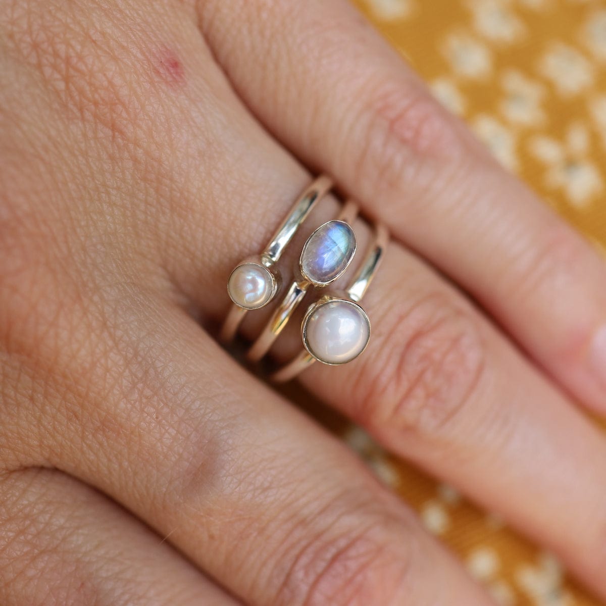 RNG Sterling Silver Pearl Mix Triple Band Stacking Ring