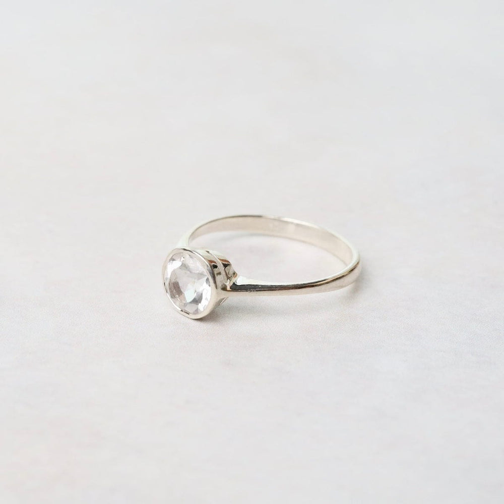 
                      
                        RNG Sterling Silver Ring with 6mm Round Bezel Set White Topaz
                      
                    