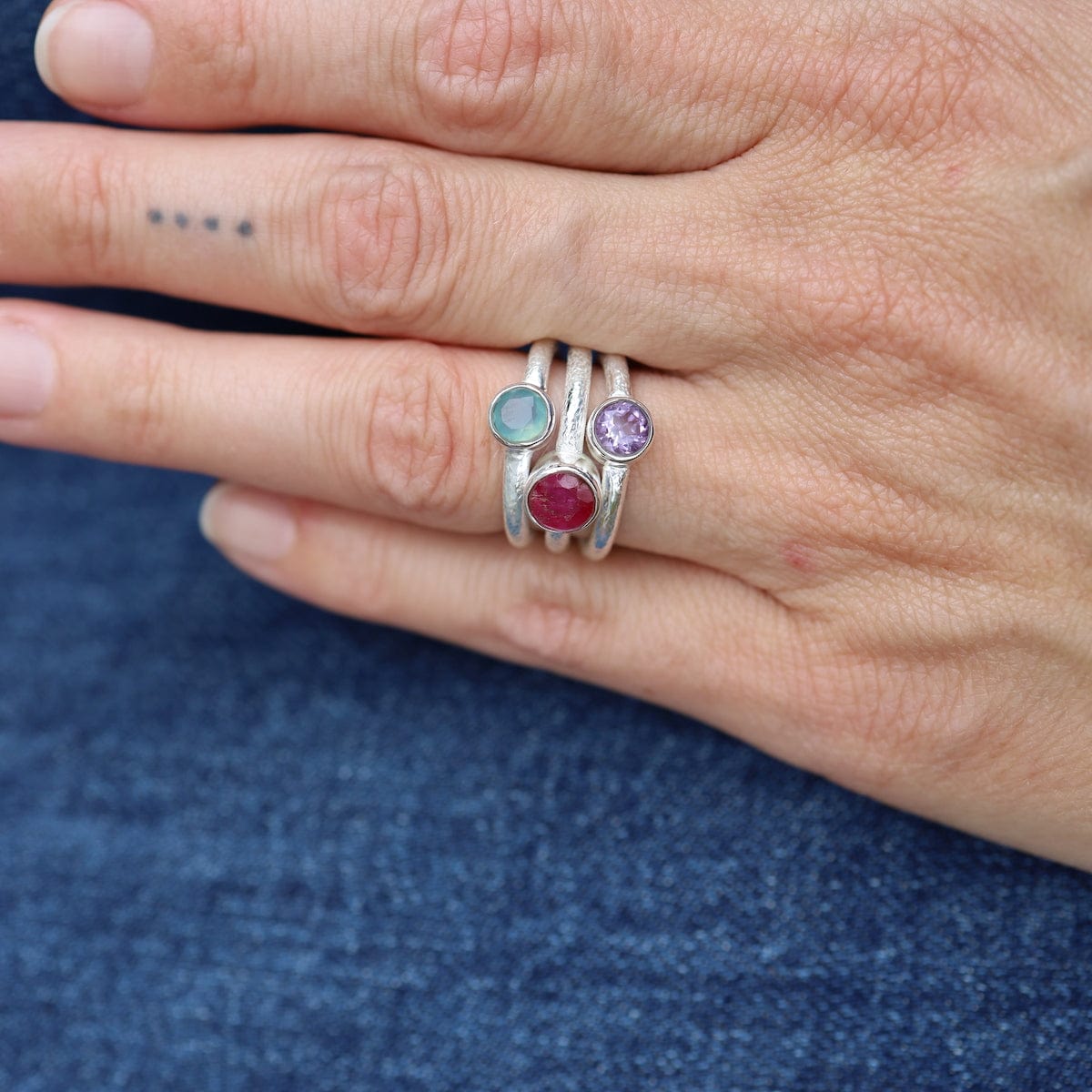RNG Sterling Silver Ruby Triple Stone Ring