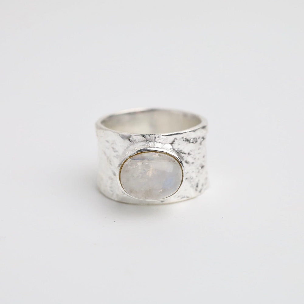 
                      
                        RNG Sterling Silver Wide Hammered Band with Rainbow Moonstone
                      
                    