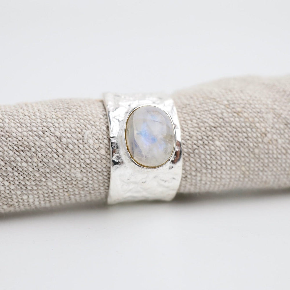 
                      
                        RNG Sterling Silver Wide Hammered Band with Rainbow Moonstone
                      
                    