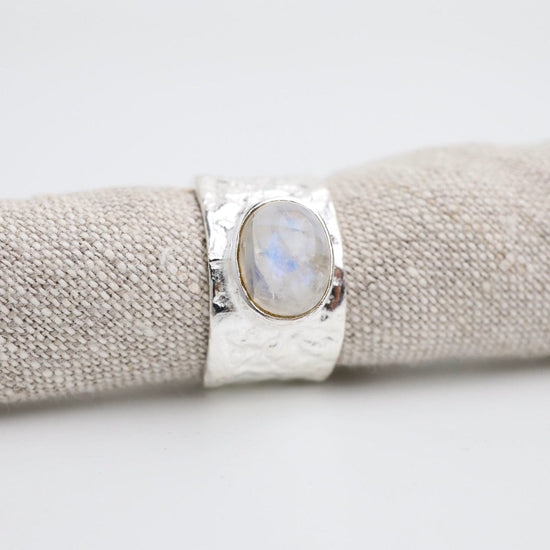RNG Sterling Silver Wide Hammered Band with Rainbow Moonstone