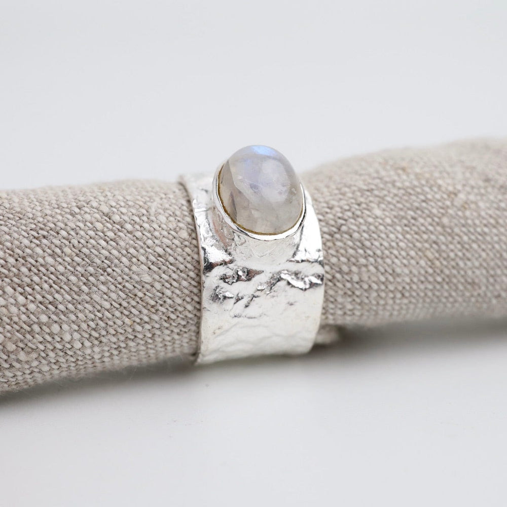 
                      
                        RNG Sterling Silver Wide Hammered Band with Rainbow Moonstone
                      
                    