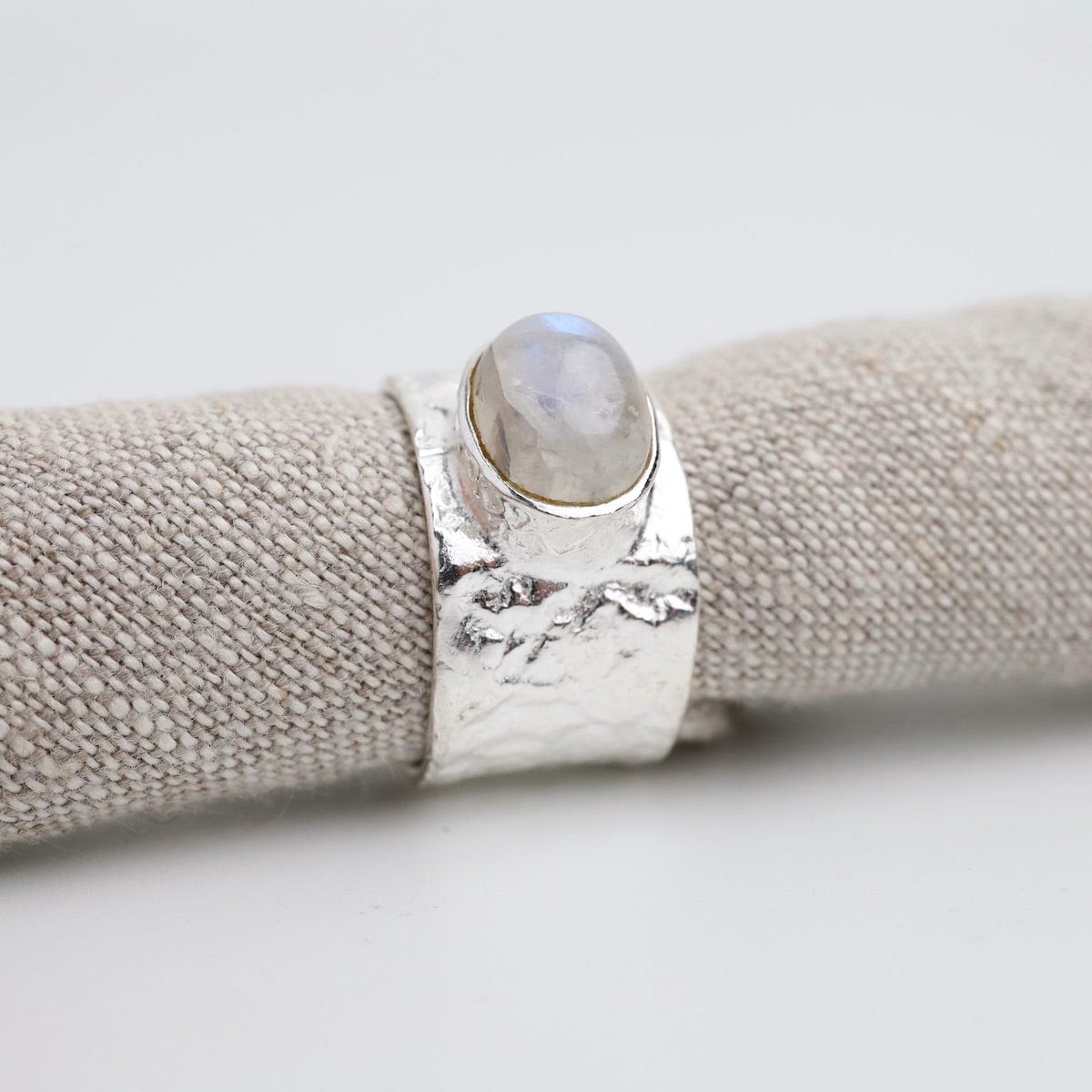 RNG Sterling Silver Wide Hammered Band with Rainbow Moonstone