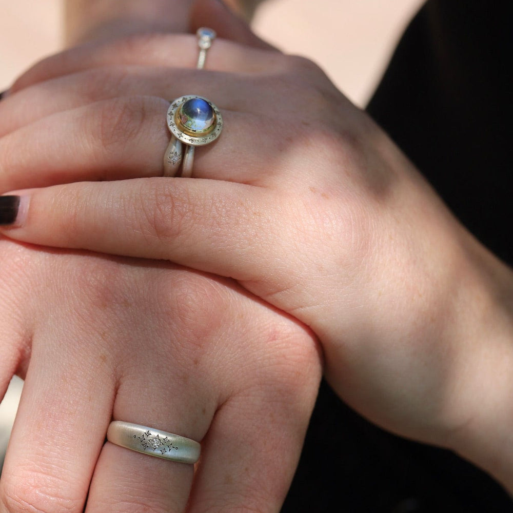 
                  
                    RNG Tapered Silver Moon Band with Etching in Diamond Ring
                  
                