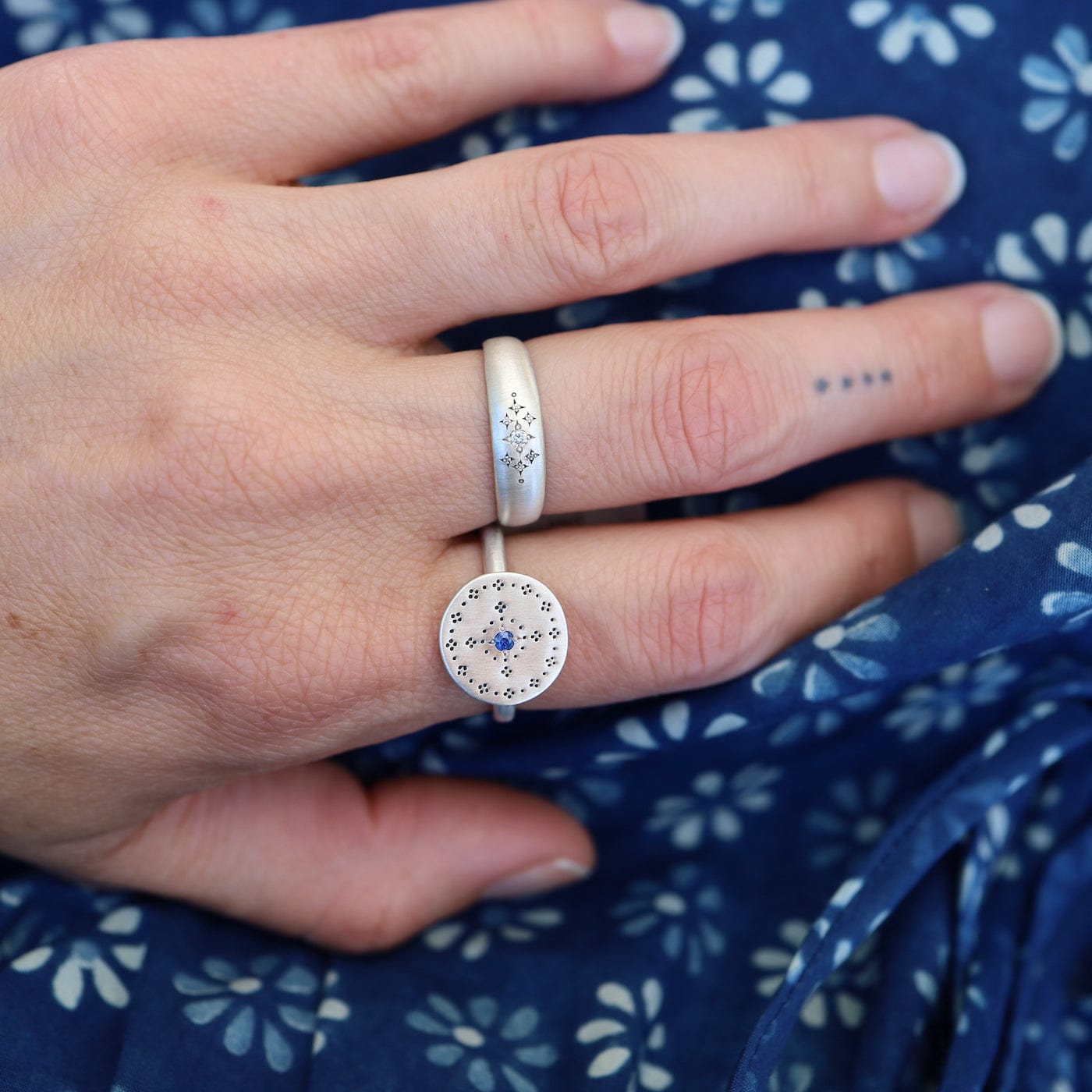 RNG Tapered Silver Moon Band with Etching in Diamond Ring