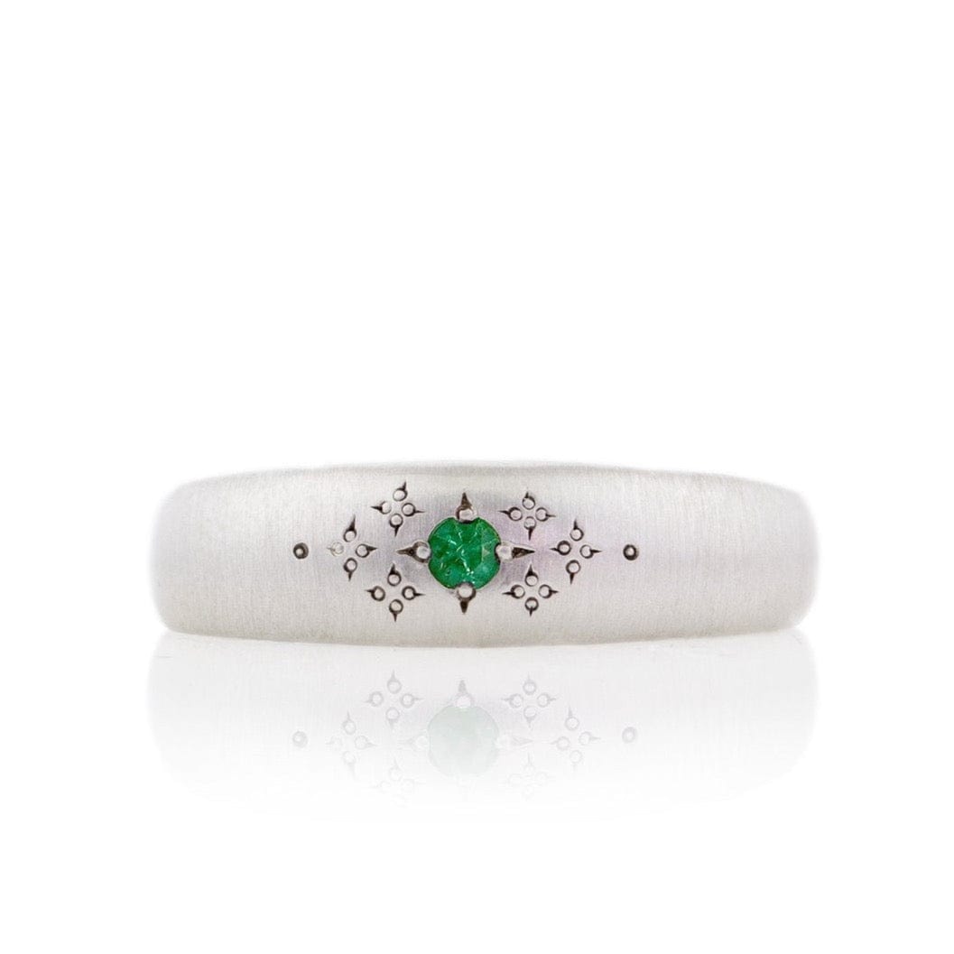 RNG Tapered Silver Moon Band with Etching in Emerald Ring