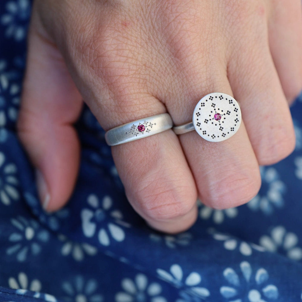 RNG Tapered Silver Moon Band with Etching in Ruby Ring