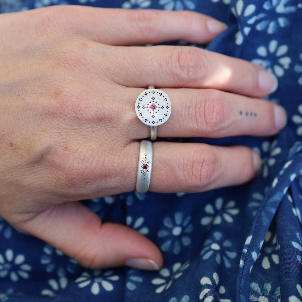 
                  
                    RNG Tapered Silver Moon Band with Etching in Ruby Ring
                  
                