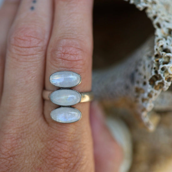 Load image into Gallery viewer, RNG Triple Rainbow Moonstone Glowing Oval Cabochon Ring
