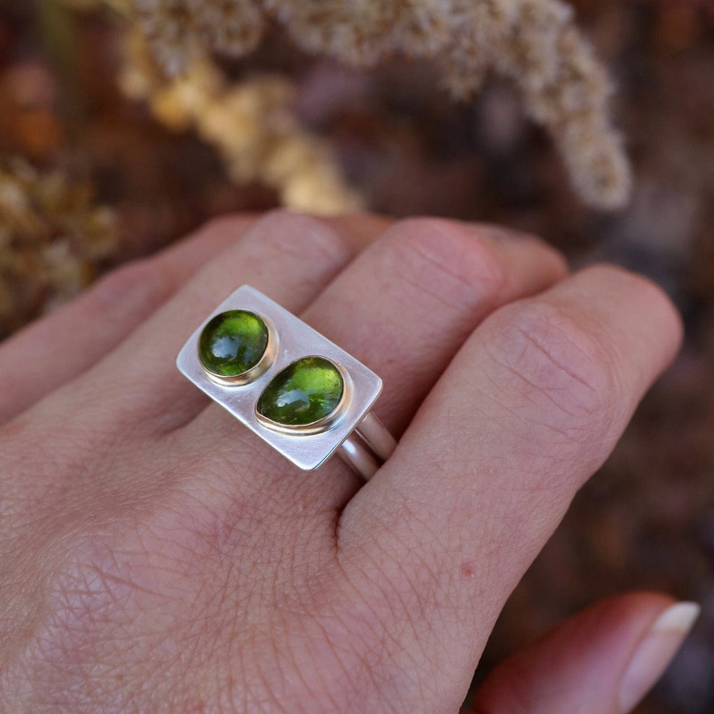 RNG Two Stone Green Tourmaline Monument Ring