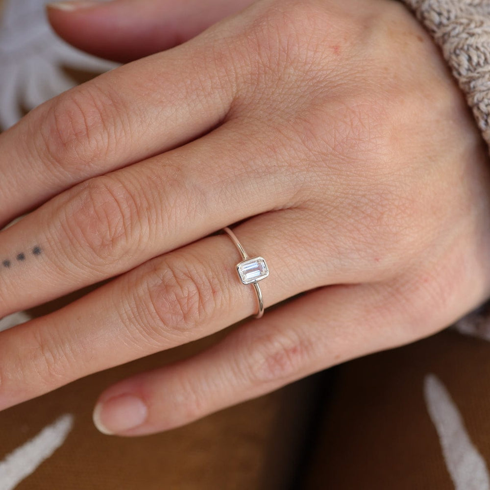 
                      
                        RNG Vertical Bezel Set Emerald Cut White Topaz Ring
                      
                    