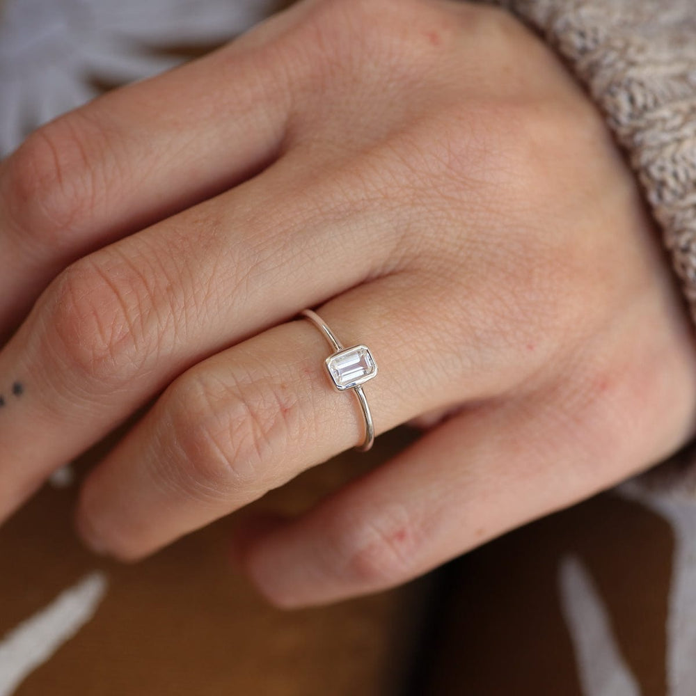 
                      
                        RNG Vertical Bezel Set Emerald Cut White Topaz Ring
                      
                    