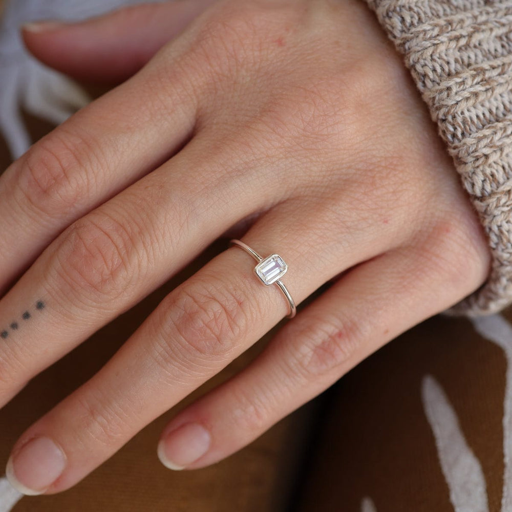 
                      
                        RNG Vertical Bezel Set Emerald Cut White Topaz Ring
                      
                    