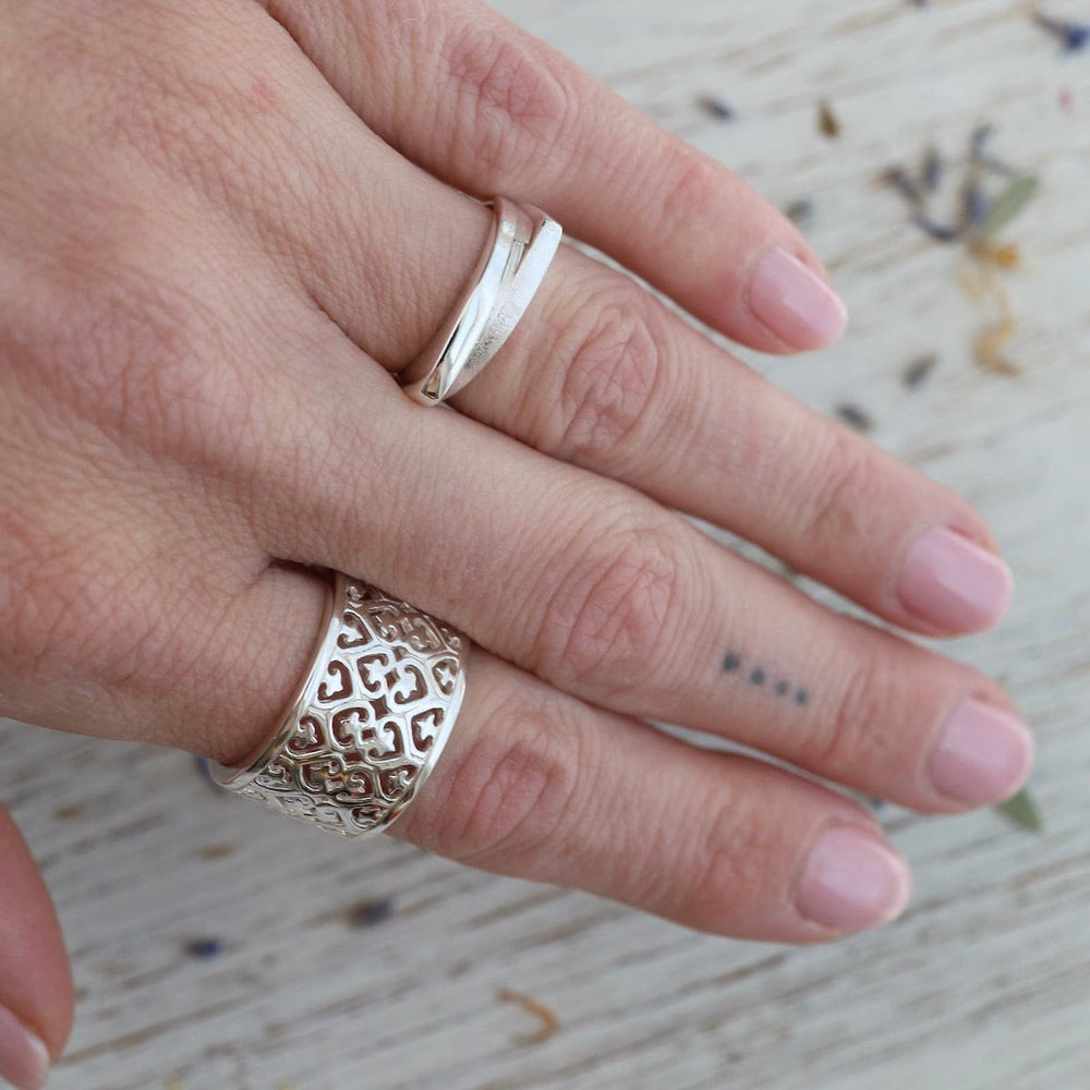 
                  
                    RNG Wide Silver Filigree & Heart Ring - Adjustable
                  
                