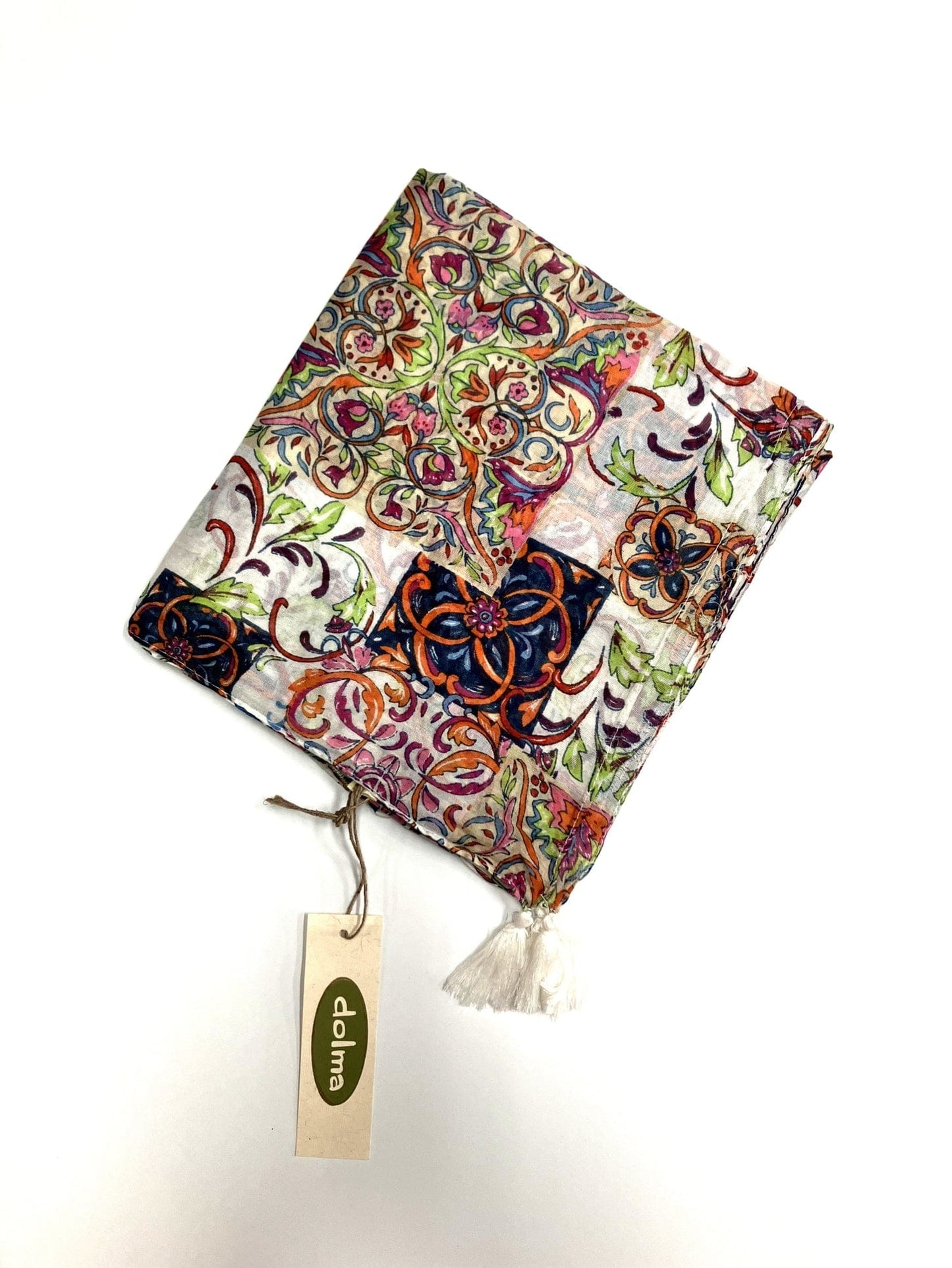 SCRF Beige Multi Hand Printed Cotton Stole with Tassels Scarf