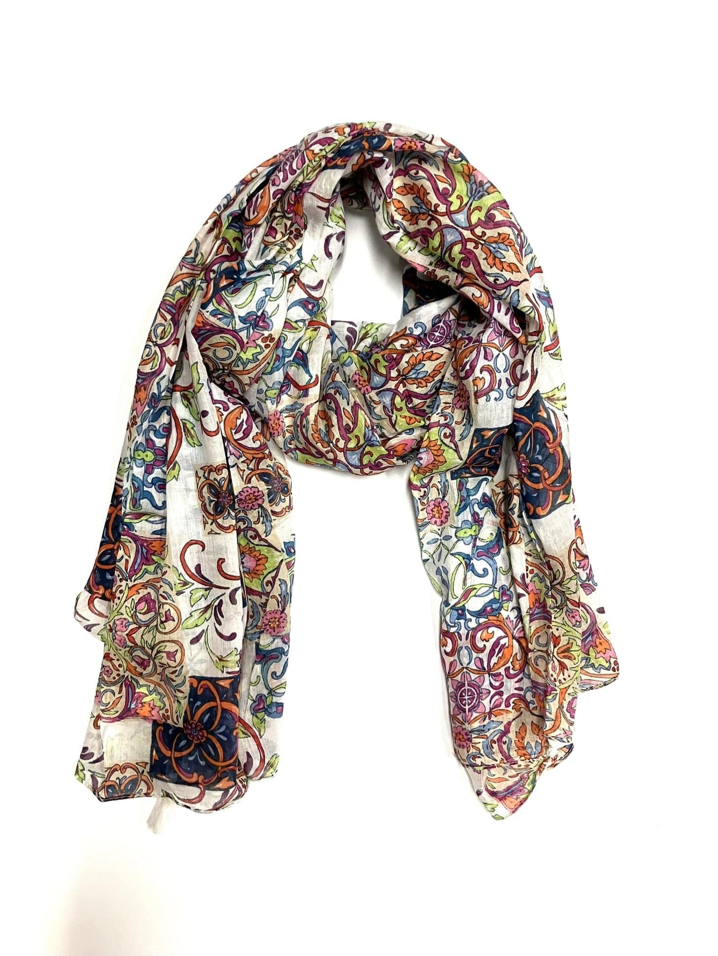 SCRF Beige Multi Hand Printed Cotton Stole with Tassels Scarf