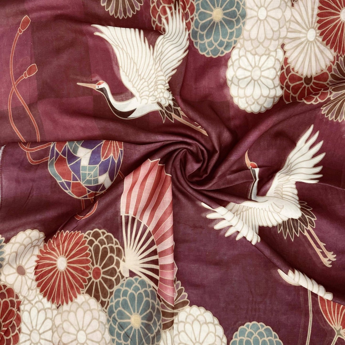 SCRF Burgundy Multi Crane & Floral Scarf