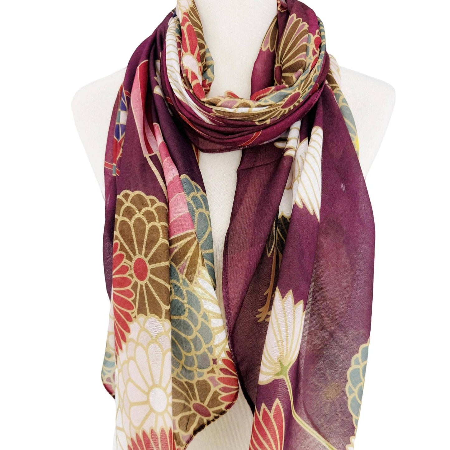 SCRF Burgundy Multi Crane & Floral Scarf