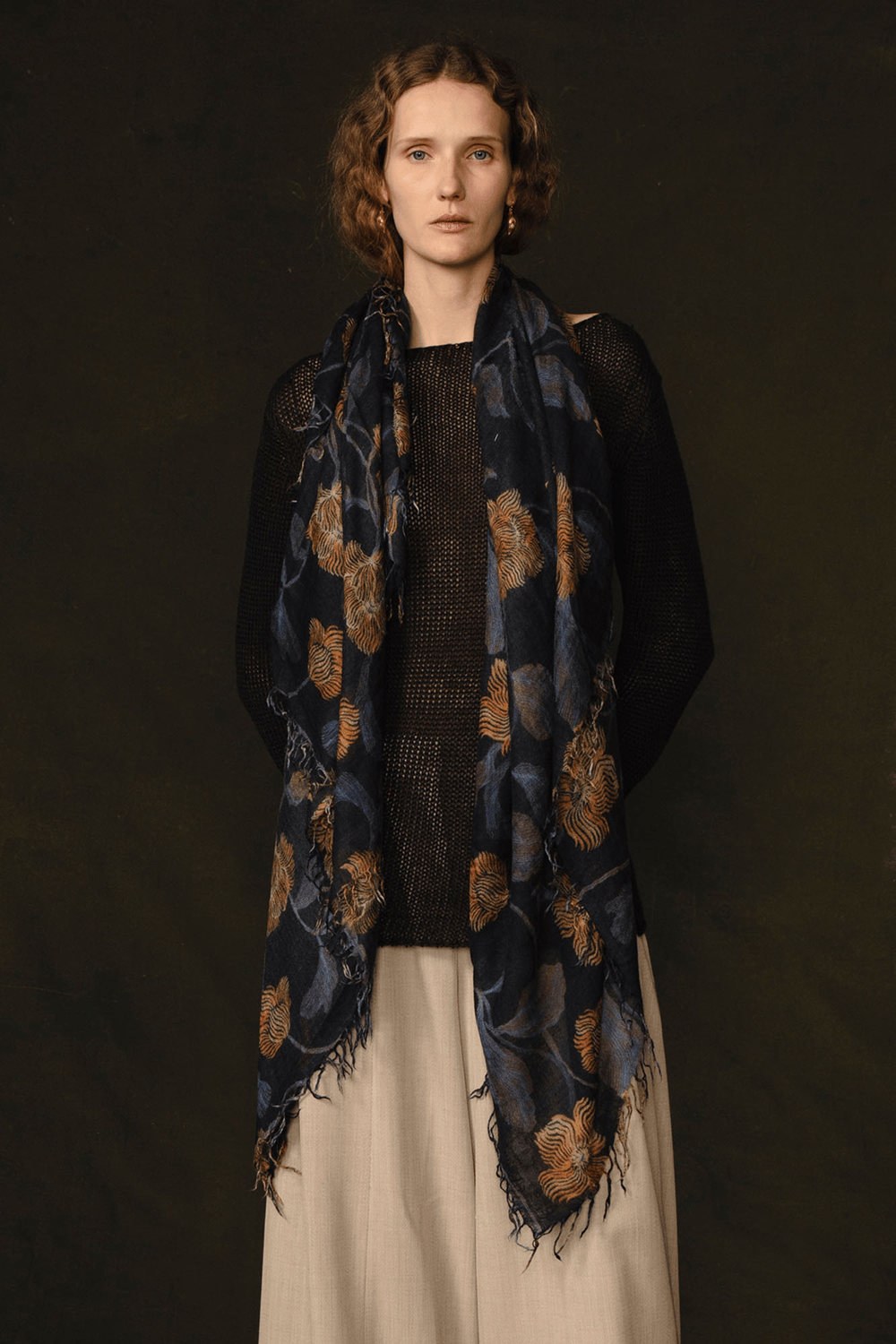 SCRF Cashmere and Silk Scarf Black Morning Glory Floral