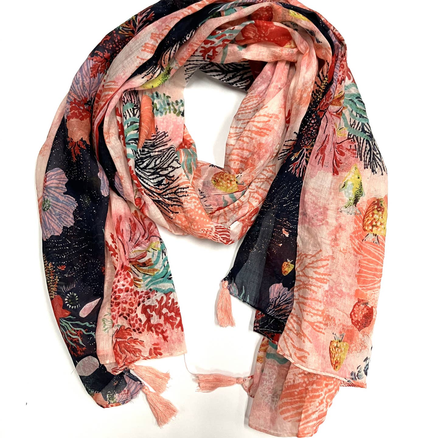 SCRF Coral Hand Printed Cotton Stole with Tassels Scarf