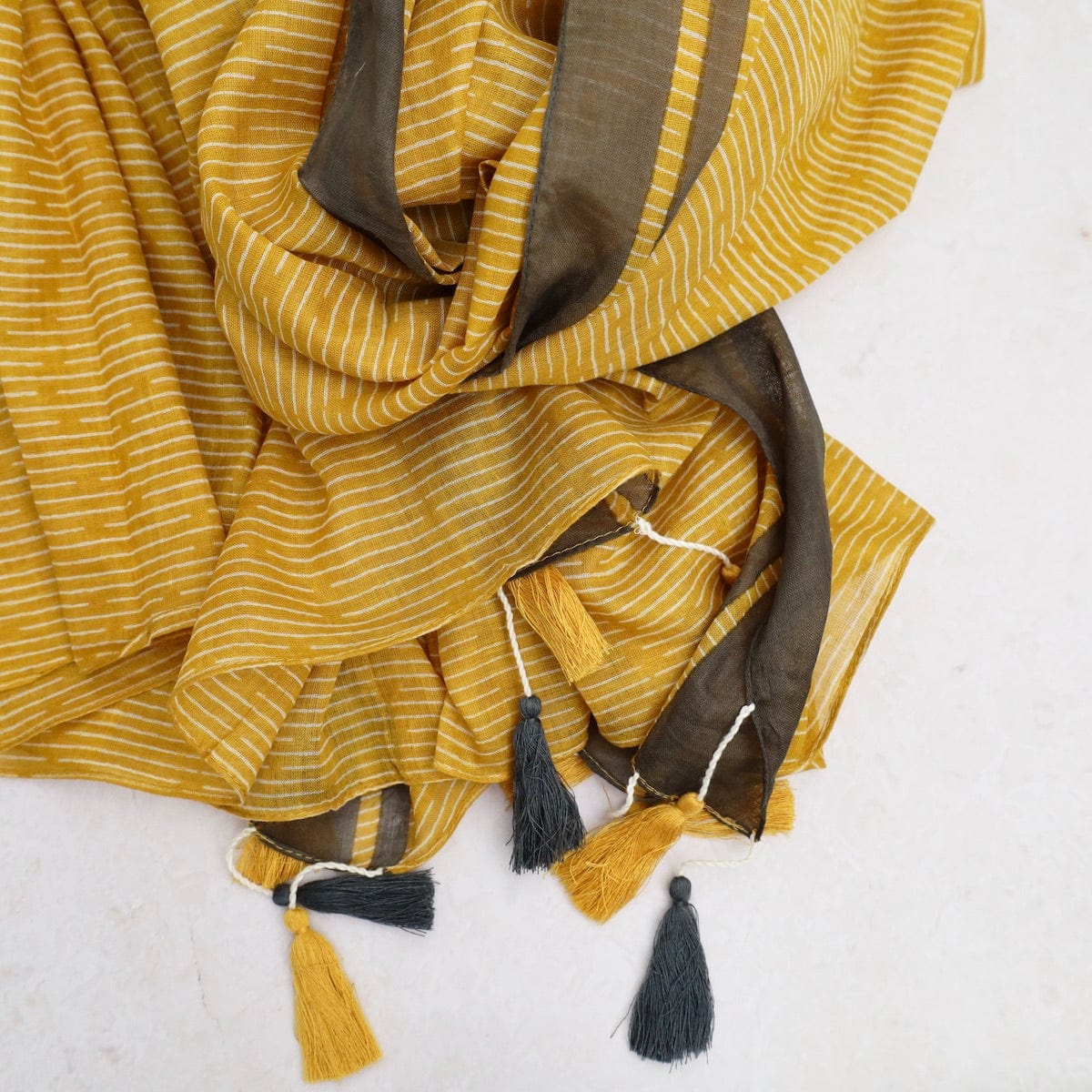 SCRF Cotton Scarf - Mustard & Grey with Tassels