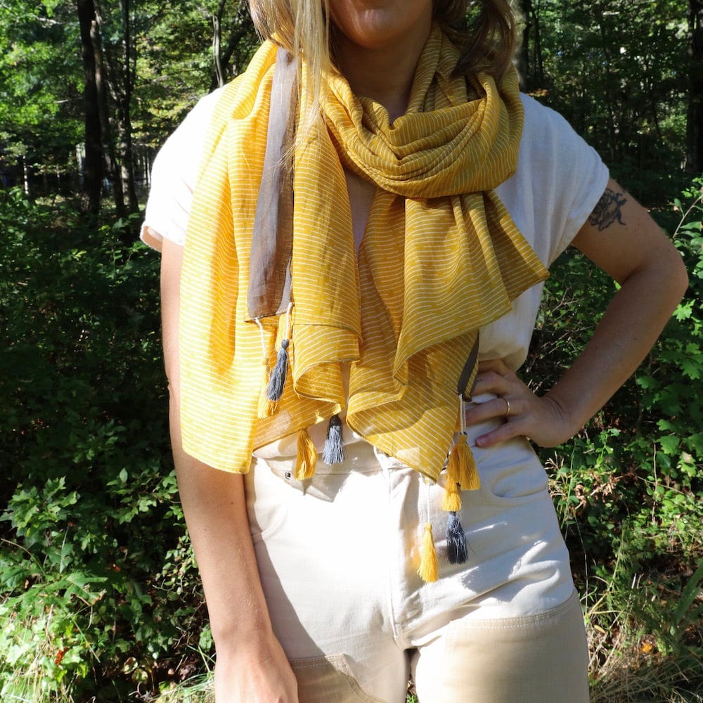 SCRF Cotton Scarf - Mustard & Grey with Tassels