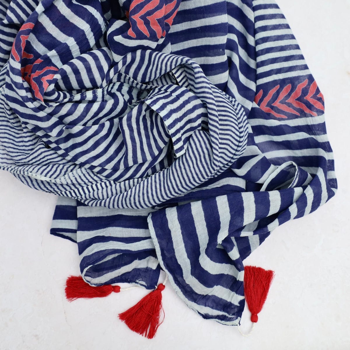 Load image into Gallery viewer, SCRF Cotton Scarf - Navy Stripe with Red Accents &amp;amp; Tassels
