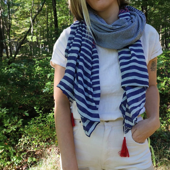 Load image into Gallery viewer, SCRF Cotton Scarf - Navy Stripe with Red Accents &amp;amp; Tassels
