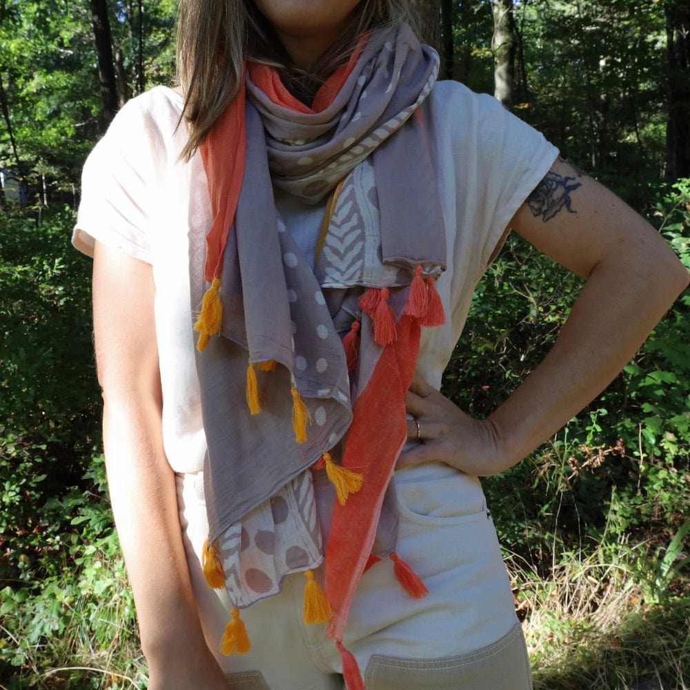 SCRF Cotton Scarf - Yellow, Grey, & Coral Patterns with Tassels
