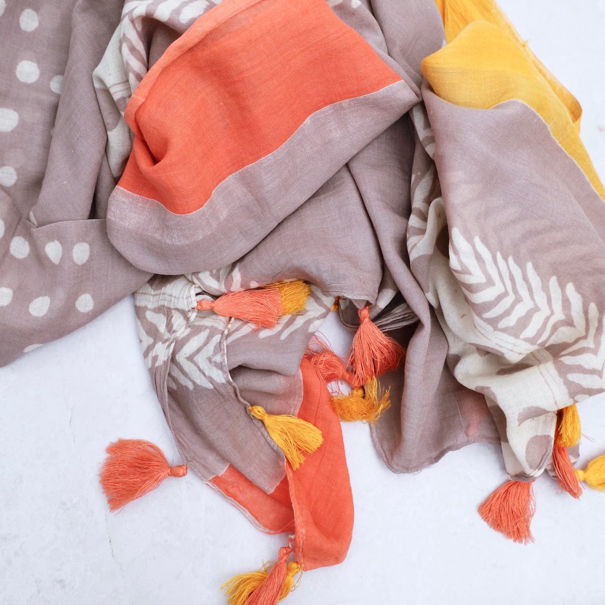 SCRF Cotton Scarf - Yellow, Grey, & Coral Patterns with Tassels