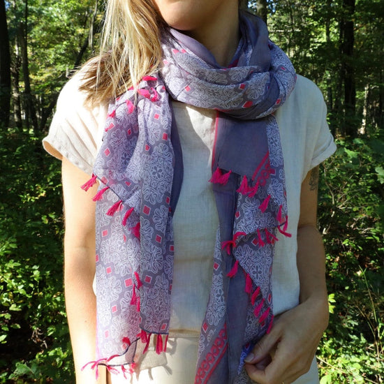 SCRF Cotton Tile Scarf with Tassels - Grey & Pink