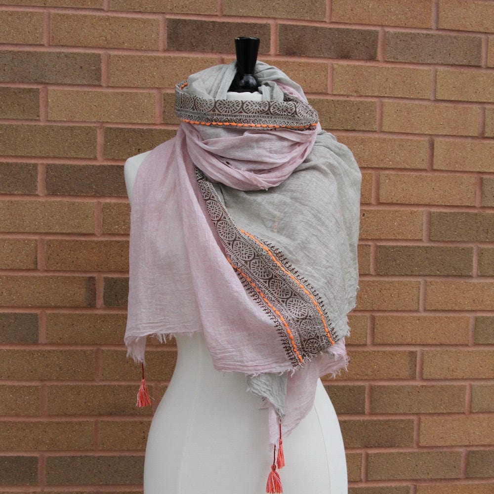 SCRF Embroidered With Tassles in Muted Dusty Rose Cotton Scarf