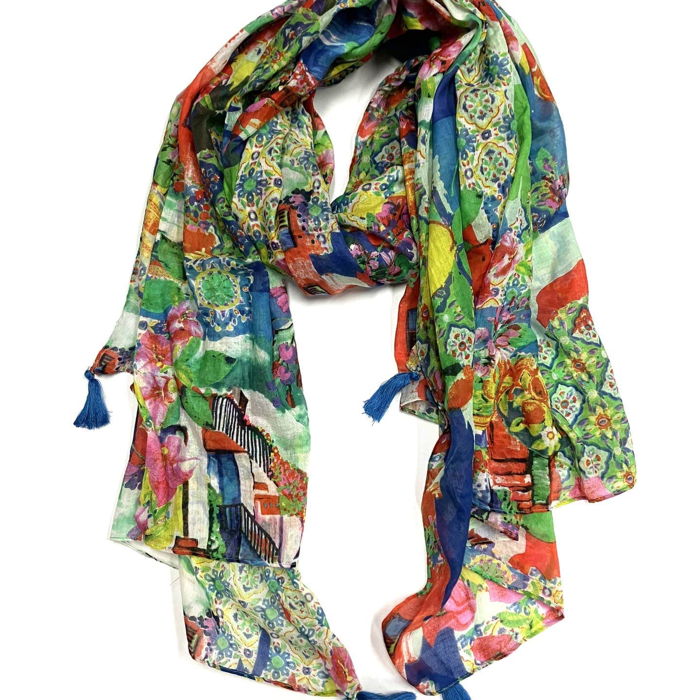 SCRF Green & Orange Hand Printed Cotton Stole with Tassels Scarf