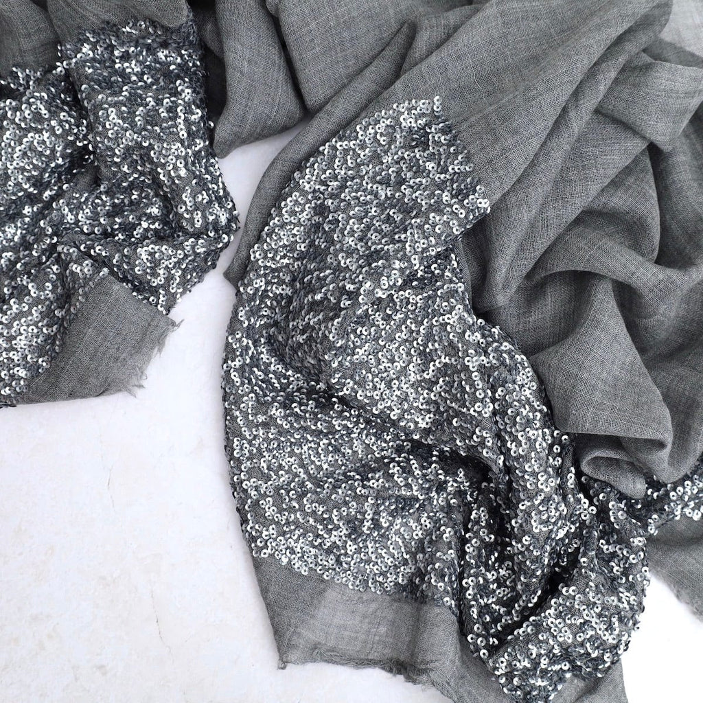 Grey Wool/Silk Scarf With Sequins