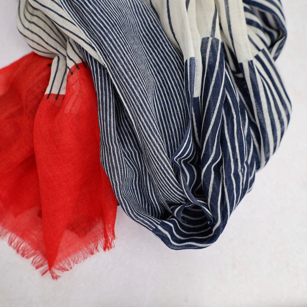 
                      
                        SCRF Harper Wool Scarf & Wrap in Navy & Red Stripes
                      
                    