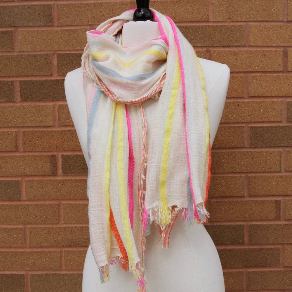 SCRF Ivory With Bright Colored Stripes Cotton Scarf