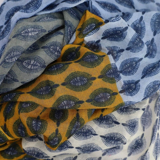 SCRF Kiana Multi Leaf Wool Scarf & Wrap in Grey, Mustard, & Blue