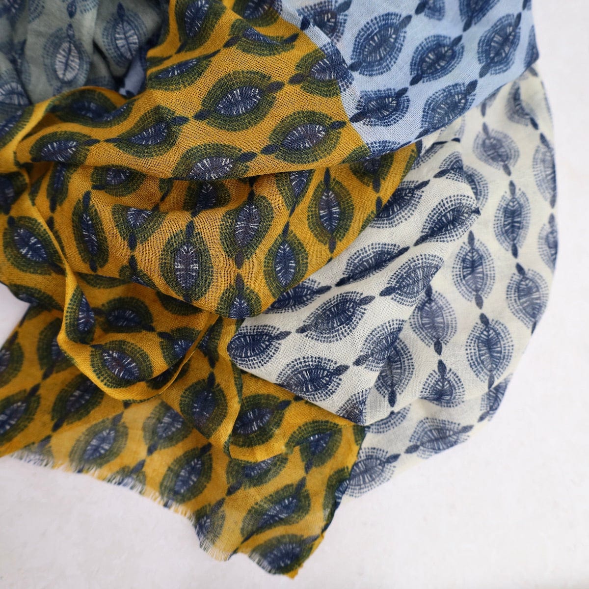 SCRF Kiana Multi Leaf Wool Scarf & Wrap in Grey, Mustard, & Blue