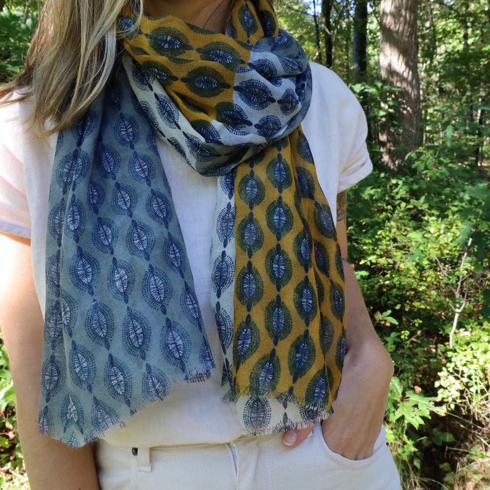 SCRF Kiana Multi Leaf Wool Scarf & Wrap in Grey, Mustard, & Blue