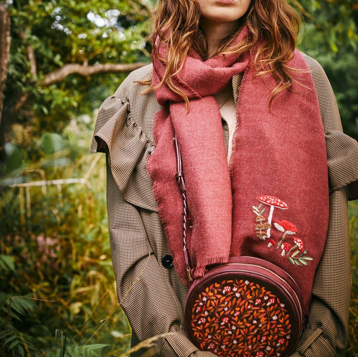 SCRF Mushroom Embroidered Burgundy Pashmina Scarf