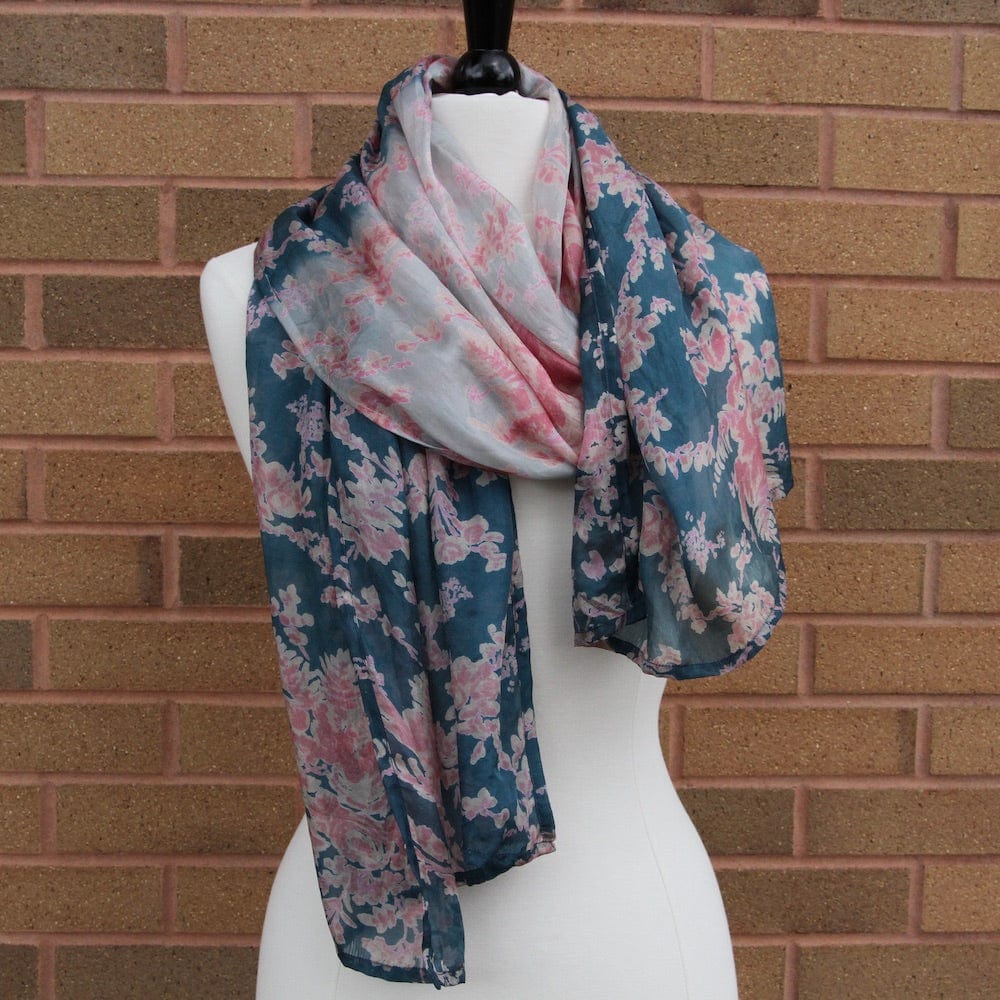 SCRF Ombre Dark Blue with Roses Silk Scarf